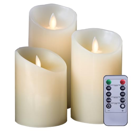 Vivezen - Set de 3 velas de cera LED de 10, 12,5 y 15 cm con mando a distancia, llama parpadeante