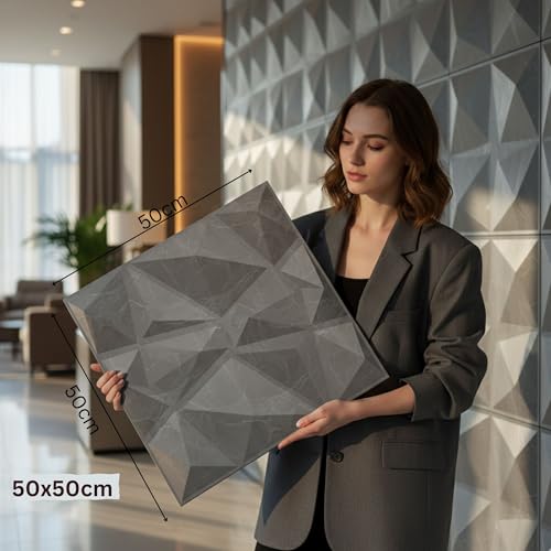 Image of Kayra Decor Wall Panels for Bedroom - PVC Diamond Design, Grey Marble Color 19.7 inch X 19.7 inch (Pack of 12) - Covers 32.34 Sq. Ft.