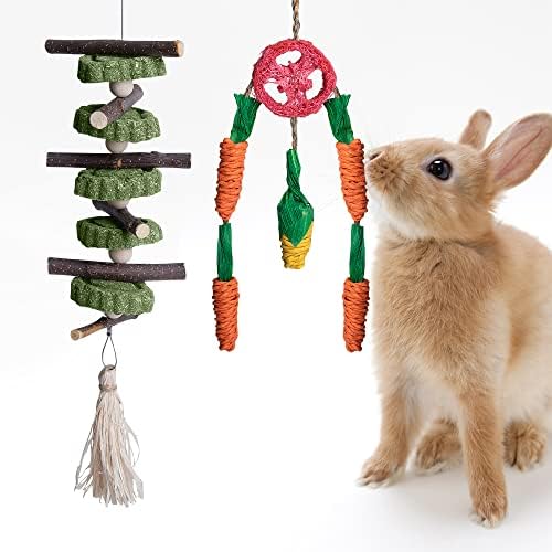 17 PCS Rabbit Toys Bunny Chew for Teeth, Hamster Dental Health 100% Natural Apple Wood Grass Ball String Pet Cage Entertainment Accessories Chinchilla, Guinea Pig, Hamster Degus, Squirrels