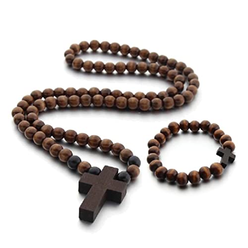 Tangpingsi Collier Pendentif Croix en Bois Naturel Classique pour Hommes Femmes Bijoux de Chapelet Religieux Accessoires de prière Faits à la Main Colliers de Perles en Bois pour Hommes Cover