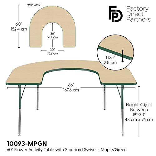 Image of FDP Horseshoe Activity School and Office Table (60 x 66 inch), Standard Legs with Swivel Glides for Collaborative Seating Environments, Adjustable Height 19-30 inches - Maple Top and Green Edge