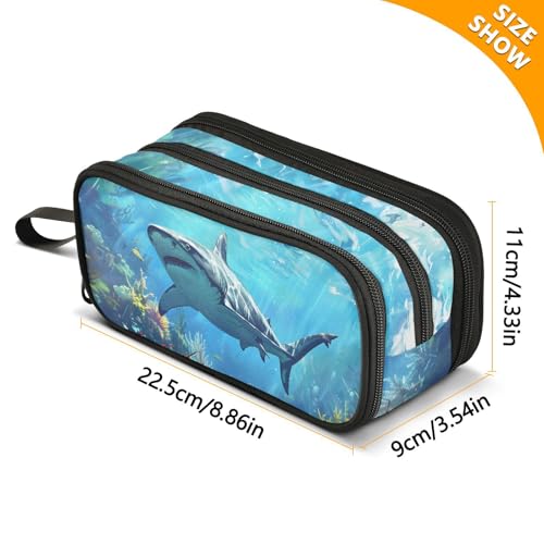 Image of ALAZA Shark Ocean Large Pencil Case, Pen Pouch Pencil Bag with 3 Compartments Pen Holder Organizer Stationery Bag