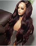 SISIFIRE 99J Lace Front Wig Synthetic Hair Loose Curly Wave Glueless Wigs for Women Dark Burgundy with Black Roots Body Wave Pre Plucked with Baby Hair (with a pairs of eyelashes)