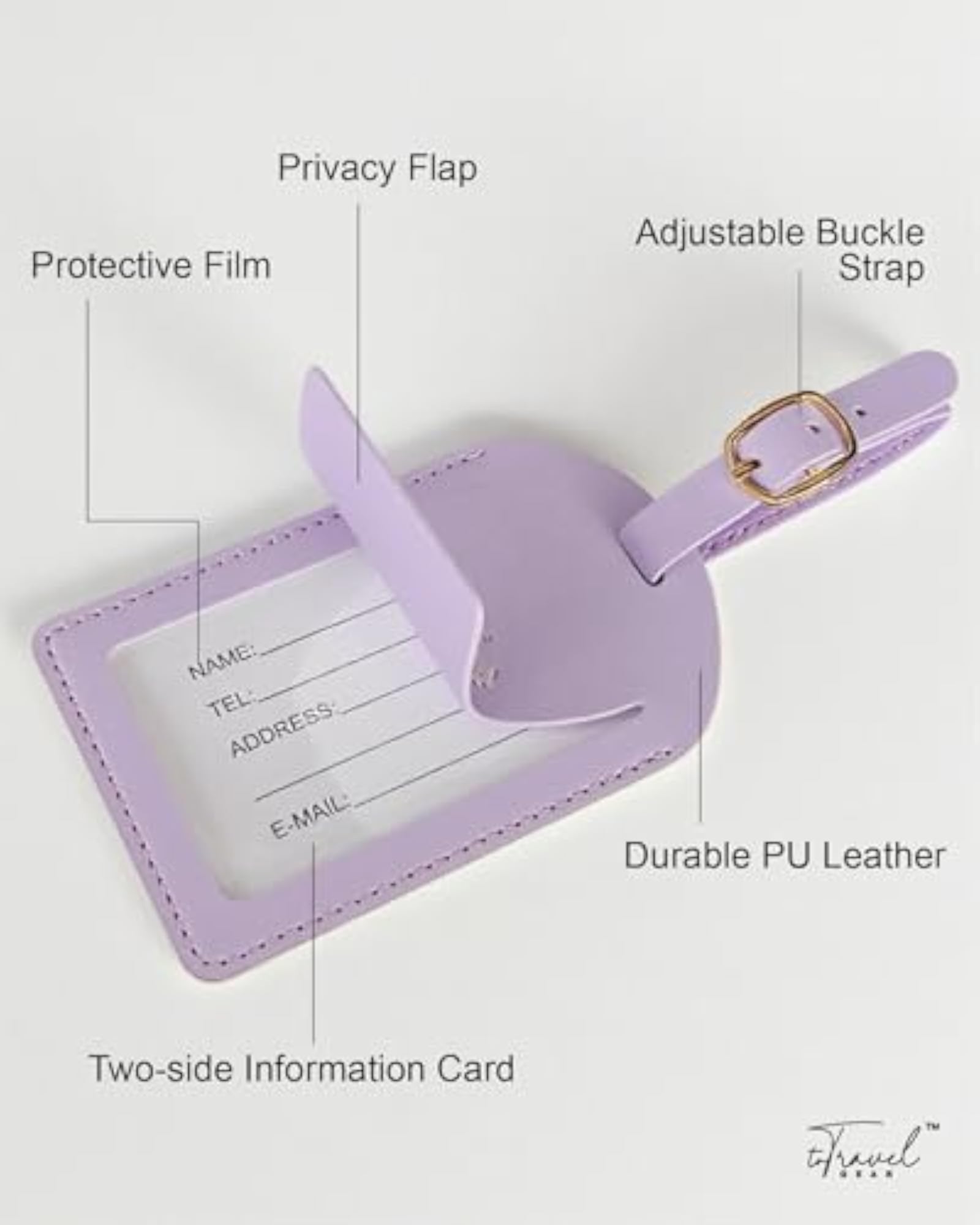 2 Pack PU Leather Privacy Protection Luggage Tags, Lavender