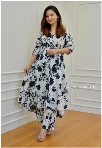 Image of women's printed a-line kurti and pant set