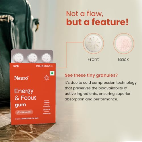 Image of Neuro Energy & Focus Gum - Cinnamon | Quick Energy Boost & Enhanced Focus | Natural Caffeine + 60 mg L-Theanine + Vitamin B6 & B12 | No Added Sugar | Aspartame Free | 90 Gums