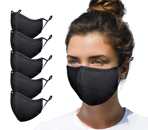 Simlu 5 Pack Premium Fabric Face Mask Reusable with Adjustable Elastic, 2 Layer,Cotton, Breathable, Nose Wire Black Cloth face Mask Washable (OS Fits All, 5 Pack)
