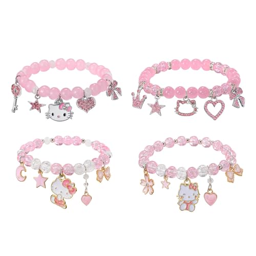 Set de 4 Pulseras Kawaii, pulsera rosa,Y2k Pulseras Elásticas de Cuentas de Cristal...