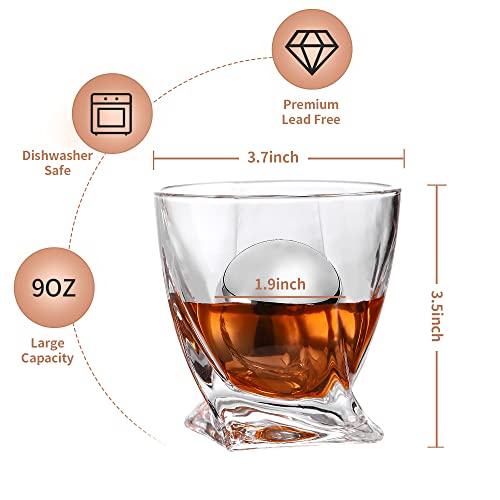 Whiskey Rocks Glass, Set Of 6 (2 Crystal Bourbon Glasses, 2 Stainless Steel Ice Balls, 2 Round Ice Ball Molds) - 9 Oz Old Fashioned Glasses For Rum Cognac Vodka Liquor Scotch Cocktail, Gifts For Men #TOP1