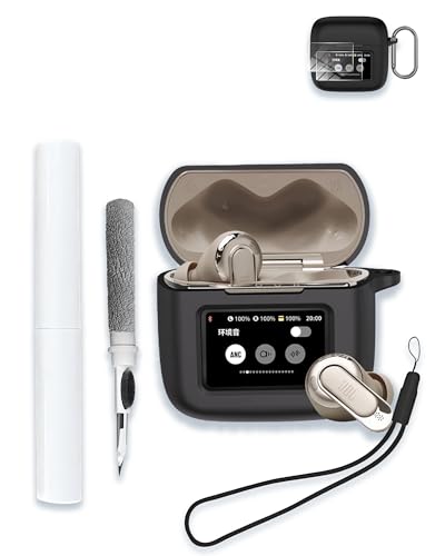 Case for JBL Tour Pro 3 - True Wireless Noise Cancelling Earbuds, Soft Silicone Protective Portable Scratch Shock Resistant with 2pack Screen Protector &Cleaner Kit & Carabiner & Lanyard,Black