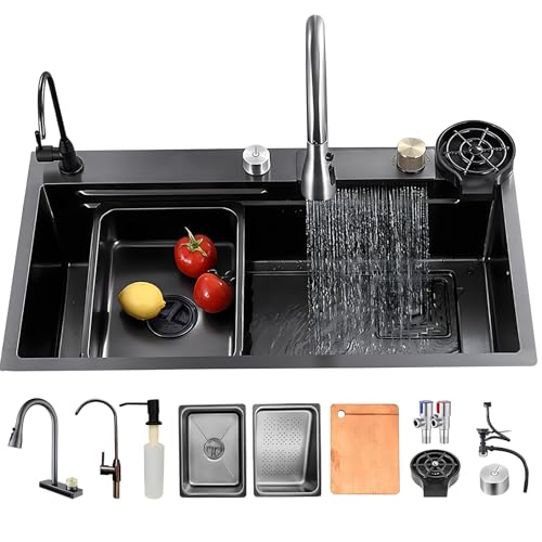 KOOGIMDDR 80×50cm Évier Noir Avec Cascade, Ensemble Évier de Cuisine pour le Lieu de Travail avec Kit de Drainage et Filtre, Évier de Cuisine à 1 Bac,