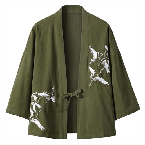 Image of Mens Japanese Kimono Cardigan Cotton Linen Haori Fashion 3 /4 Sleeve Yukata | Shawl Collar Kimono Jacket Robe Embroidery Patchwork Happi Coat Tie Pockets Lightweight Outerwear Daily Casual All Seasons