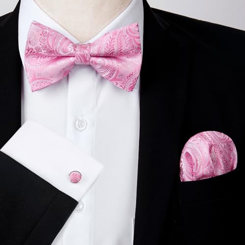 Image of HISDERN Bow Ties for Men Pretied Bow Tie Set Paisley Classic Bowties and Pocket Square Cufflinks Set for Wedding Party
