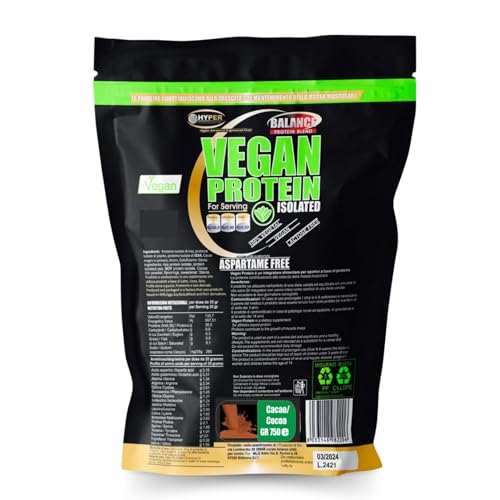 Hyper Proteine Vegane Vegetali Vegan in Polvere g 750 Cacao con Proteine del Pisello Soia Riso 90% di Proteine Povere di Carboidrati e Grassi Senza Lattosio Senza Aspartame Prodotte in Italia