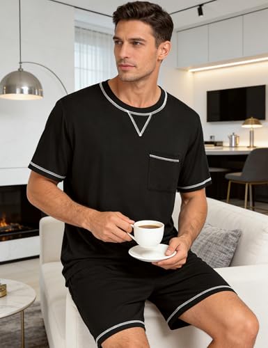 Image of SWOMOG Men Modal Pajamas Set Comfy Sleepwear Short Sleeve Pjs Set Soft 2 Piece Lounge Set Cozy Nightwear with Pockets Black XX-Large