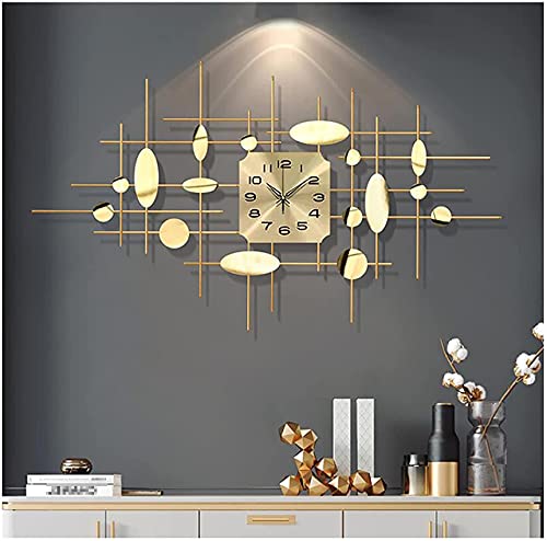 Reloj de pared grande de metal, arte 3D, sol, luna, silencioso, sin tictac, reloj de cuarzo creativo para dormitorio, pasillo, relojes de pared para sala de estar, dorado, 110 x 62 cm (dorado, 110 x