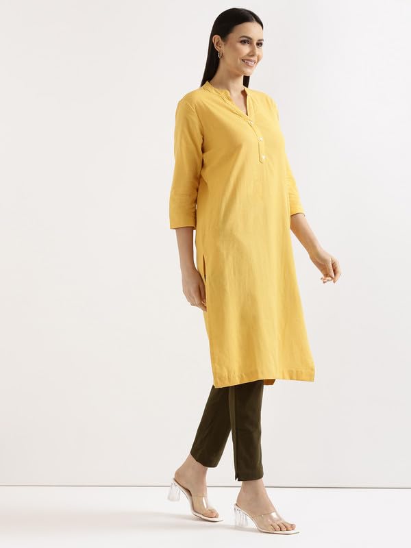 Image of SAADAA Women's Linen Straight Fit Straight Long Kurta Airy Plain Kurta, 3 /4 Sleeve, Knee Length Kurtis with Pockets, Casual and Office Wear