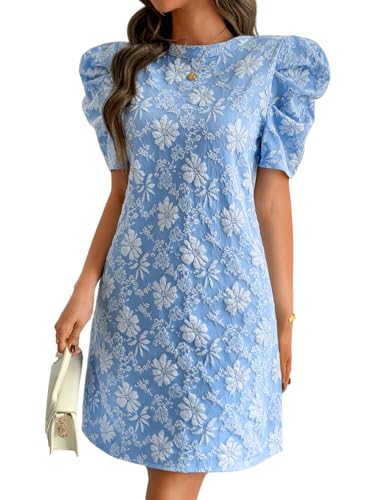 Women's Elegant Floral Jacquard Dress, Puff Sleeve Lightweight Shift Mini Dresses for Summer Casual