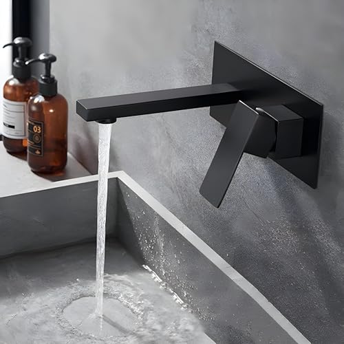 InArt Brass Matte Black Wall Mount Single Lever Basin Mixer Tap with Hot & Cold Water, Matte Black Finish | Bathroom & Living Room Wall Mounted Faucet Black