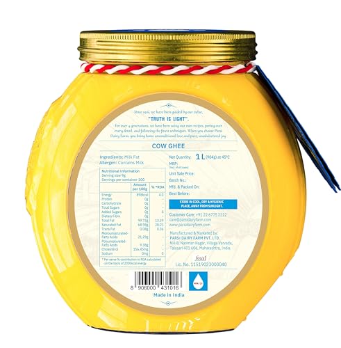 Parsi Dairy Farm's 100% Cow Ghee: Pure and Traditional Desi Ghee With No Preservatives & Vegetarian | 1 LTR