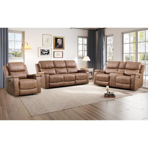 Image of CANMOV Faux Leather Manual Reclining Sofa Furniture Set, Manual Recliner Chair, Manual Loveseat and 3 Seat Recliner Sofa Couch Set for Living Room,Nut Brown