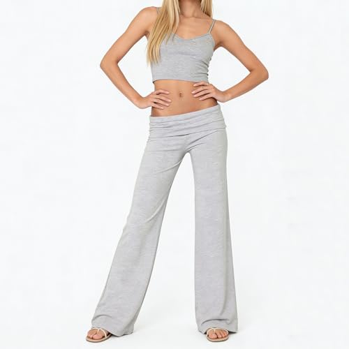 Image of Lounge Yoga Pants for Women Fold Over Low Waist Wide Leg Bell Bottoms | Y2K Foldover Pants, Flare Leggings, Low Rise Yoga Sweatpants