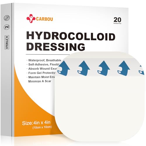 Carbou Hydrocolloid Wound Dressing 4x4 20 Individual Pack Self-Adhesive Ultra Thin Hydrocolloid Bandages Waterproof Absorbent Hydrocolloid Patch for Wound Care Bedsore Burn Abrasion & Blister