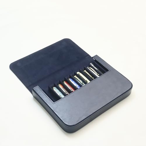 SOLYUJ 12Slots Leather Fountain Pen Case Collector Organizer - Handmade Pen Case Vintage Crazy Horse Print Leather Pen Protective Sleeve Cover Pen Storage Gift Box (Blue)