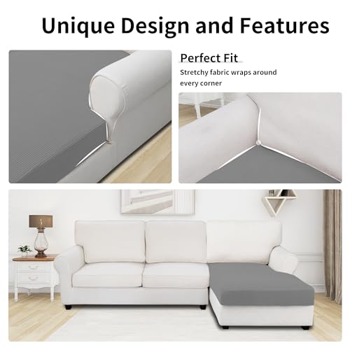 Image of Easy-Going Stretch 1 Piece Chaise Lounge Cushion Slipcover | Sectional Couch Covers L Shape Separate Cushion Couch Seat Chaise Cover for Both Left /Right Sectional Couch Light Gray