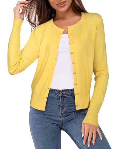 Newshows Women's 2026 Summer Lightweight Button Down Long Sleeve Light Crew Neck Soft Knit Garden Cardigan Sweater Tops(Yellow,Large)