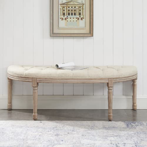 Cui Liu 55" Upholstered Natural Linen Hand-Tufted Bench Vintage Semi-Circular Entryway Bench With Carved Wood Legs For Bedroom Living Room Hallway More (Beige) #TOP2