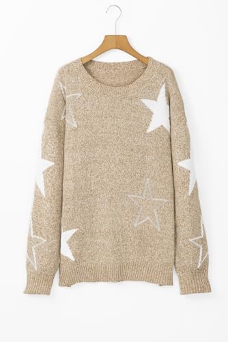 Women's Khaki Star Pattern Drop Shoulder Plus Size Sweater - Casual Winter Knit3