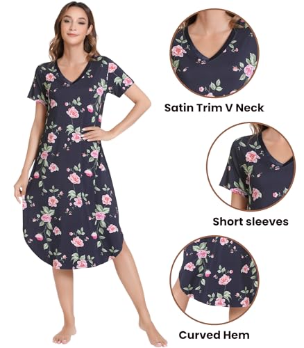 Image of NACHILA Nightgowns for Women-Viscose Made from Bamboo, V Neck Sleepshirts Short Sleeve Sleepwear Cool Nightshirt
