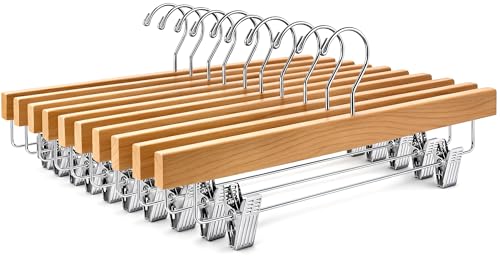 ZOBER Wooden Pants Hangers with Clips - 10 Pack Premium Solid Lotus Wood Skirt Hangers for Women, Heavy Duty Wooden Hanger with Adjustable Metal Grip Clips for Jeans and Shorts, Smooth Finish, Natural