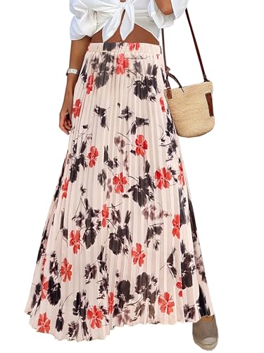 ANRABESS Womens Pleated Floral Maxi Skirt Fall Chiffon Casual