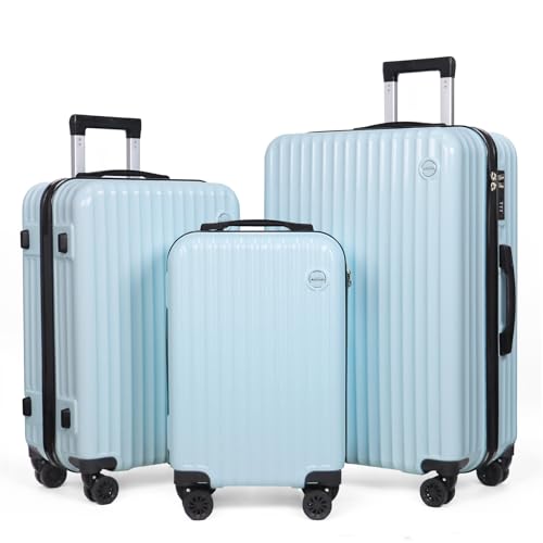 Image of 3-Piece Hardside Luggage Set, ABS+PC Spinner Suitcase with Anti-Burst Zipper & Built-in Lock, 20 /24 /28 Inch (blue)