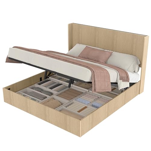 Image of Ball & Cast King Size Lift Up Storage Bed Frame with Wingback Headboard,Wooden Grooved Undulating Platform Bed Frame King with Hydraulic Storage,No Box Spring Needed,Oak