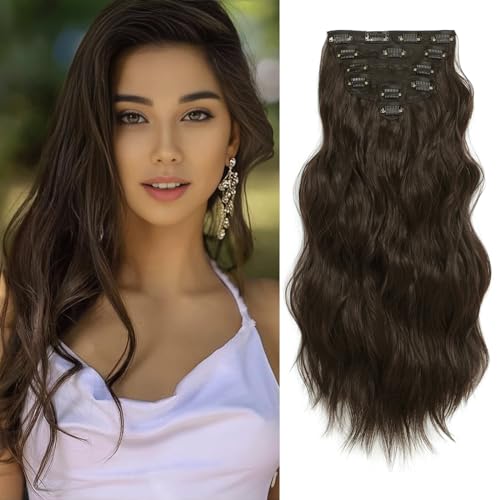 Clip in Hair Extensions for Women, 6PCS Long Wavy Curly Clip on Hair Extensions 20 Inch Medium Brown Synthetic Hairpieces