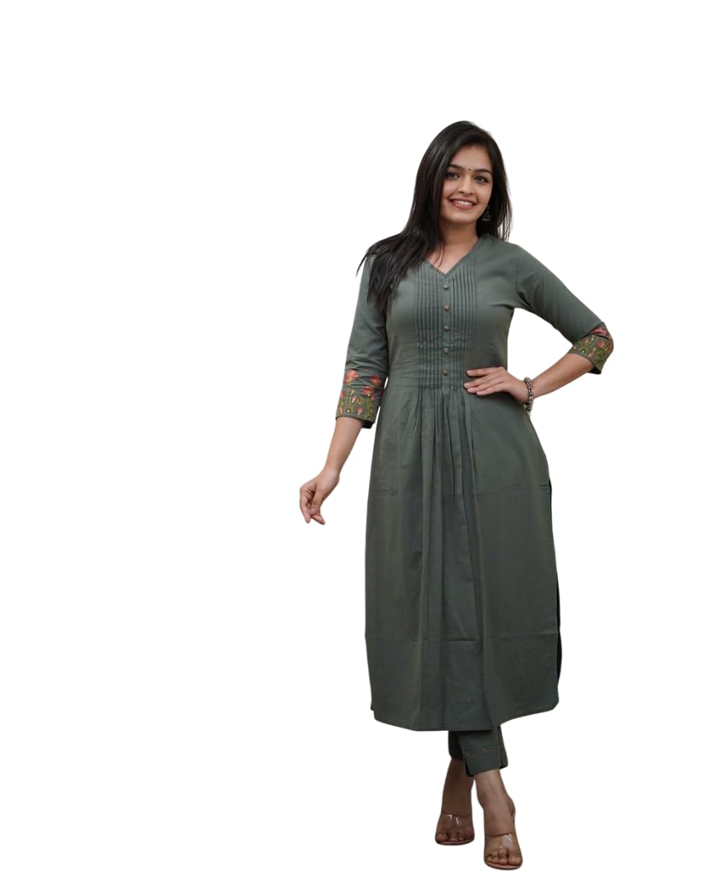 EKRAFT Bharat Women's Cotton Printed Flared Straight Kurti with Pant and Dupatta Set (Army Green-L)-image-20