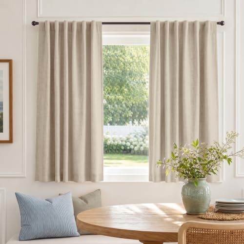 Image of Linen Textured Total Blackout Curtains for Bedroom 63 Inches Long, Oatmeal | 100% Blackout Shield, Back Tab /Rod Pocket Living Room Drapes, Thermal Insulated Blackout Curtains 2 Panels Set, 42 inchW x 63 inchL