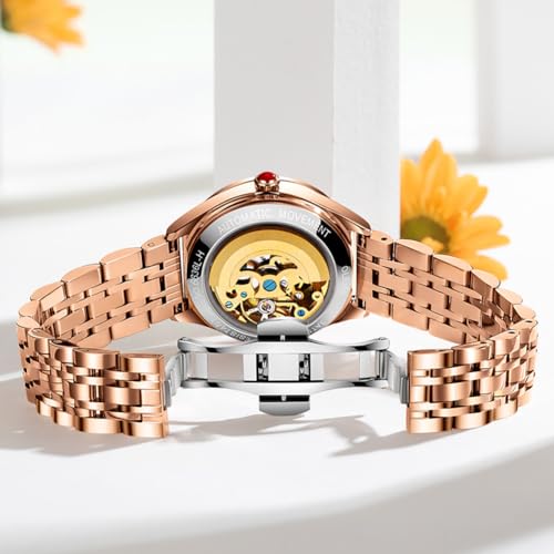 Image of OLEVS Watches for Women Automatic Ladies Watch Mechanical Leather Strap Self-Winding Diamond dial Waterproof