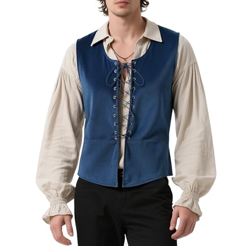 Tyuduo Mens Medieval Renaissance Pirate Vest Gothic Steampunk Waistcoat for Men (Blue M)