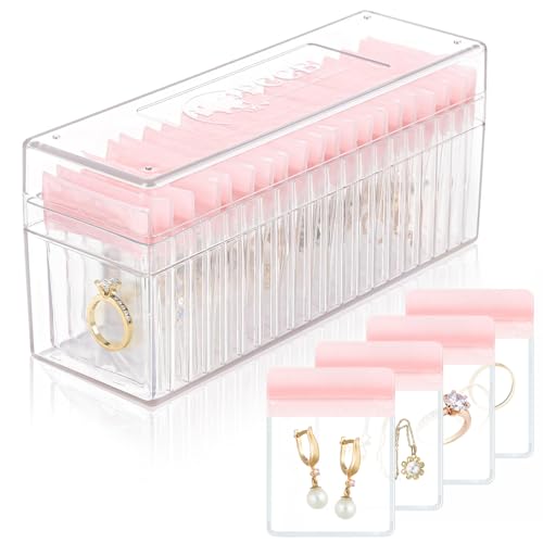 HOMEHIVE Acrylic Jewelry Box Organizer, Clear Jewelry Organizer Holder with 20 Portable Anti Tarnish Jewelry bags, Travel Jewelry Case for Earrings/Rings/Necklaces for Women Girls, Pink
