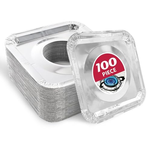 COZZIVITA Aluminum Gas Stove Burner Covers -Thicker Foil Square Burner Liners - Disposable Gas Range Protectors, 100 Pack（Outer diameter: 8.5 x 8.5 inch）