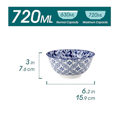 vancasso Müslischalen 6-teiliges Set aus Porzellan (6x 720ml) – Keramikschalen mit Vintage-Design blau-weiß, Schüsseln für Müsli, Salat, Suppe, Ramen, Obst oder Dessert, Serie SELENE