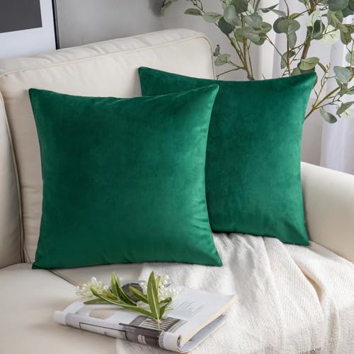 Phantoscope Pack of 2 Christmas Velvet Decorative Throw Decorative Pillow Cover Soft Solid Square Cushion Case for Couch Christmas Green 18 x 18 inches 45 x 45 cm