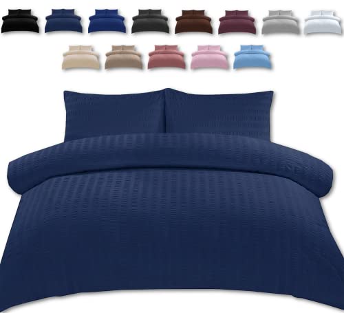 TheWhiteWater Single Bed Duvet Set - 2 in 1 Seersucker Bedding Set - Single Duvet Cover + Matching Pillowcase - Natural Cotton + Virgin Polyester (Navy, Single - Duvet Cover ONLY)