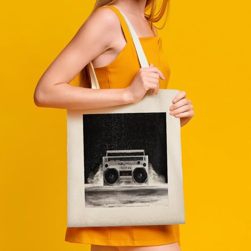 Nugier Shopping Tote Bag, USA Made Insulated Cooler Lunch Box Portable Handbag Thermal Reusable Bag Print 1980s Silver Retro Ghetto Blaster - Image 6