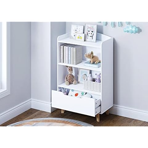 UTEX Kids Bookshelf, Children Bookcases with Storage and Drawer, Wood Kids Toy Storage Organizer for Playroom, Nursery School, White Cover