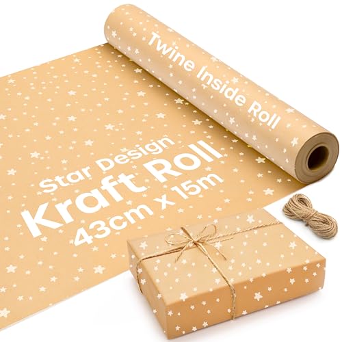 volila Brown Paper Roll 17.5 inch x 50 feet - Stars Kraft Paper Roll for Gift Wrapping Flower Boquet Craft Supplies - Brown Wrapping Paper for Moving Packing Paper